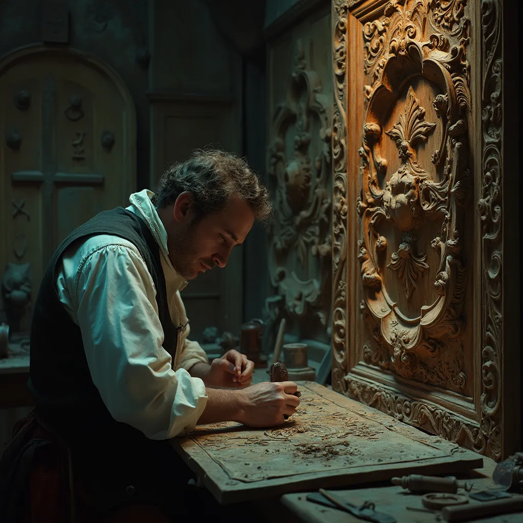 WOODCARVING LESSONS: Woodcarver Grabovetskiy, a man with a beard, holds a sign that says "What wood is the best for carving?" He looks thoughtful. Carving tools are on the table in front of him. - Wood Carving tutorials