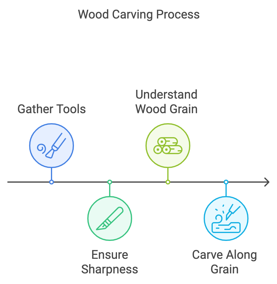 WOODCARVING LESSONS: Title: Wood Carving Process - A Simple Guide
1. **Gather Tools**
Icon: Blue Brush
First, collect all your wood carving tools.
2. **Understand Wood Grain**
Icon: Green Wood Logs
Learn how the wood grain works for better carving.
3. **Ensure Sharpness**
Icon: Green Knife
Make sure your tools are very sharp for clean cuts.
4. **Carve Along Grain**
Icon: Blue Carving Tool
Always carve following the direction of the wood grain.
All steps connect with an arrow, showing a clear path in woodcarving lessons taught by Woodcarver Grabovetskiy. - Wood Carving tutorials