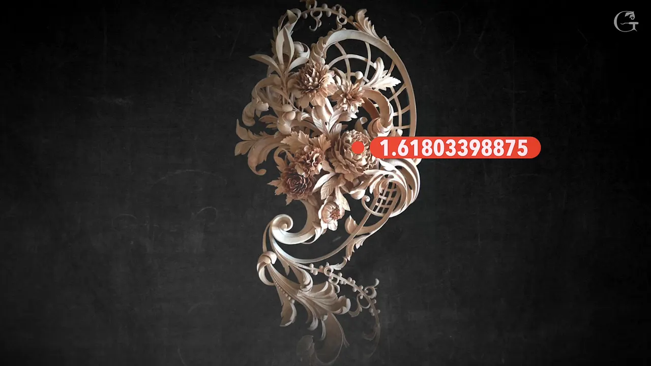 Peony carved at the center of a floral panel, with the number 1.61803398875 marked right on it.