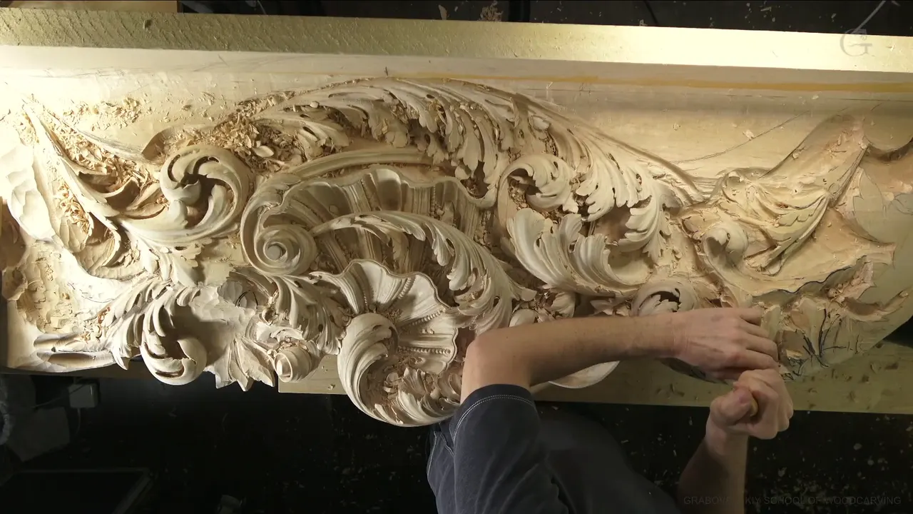 Big acanthus panel on the bench, both arms reaching across it