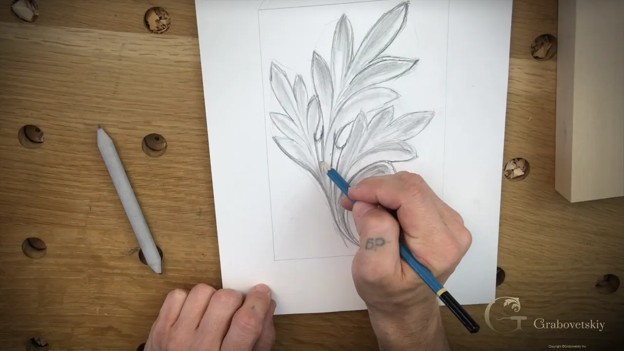 The finished Corinthian acanthus drawing, every tip a sharp point and no curls anywhere