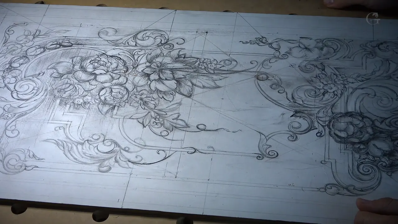 The finished drawing from a low angle, flowers across the middle and a hand just in frame at the right