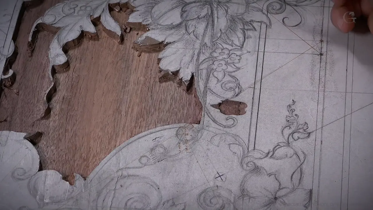 Most of this corner carved down, ornament standing white against open walnut