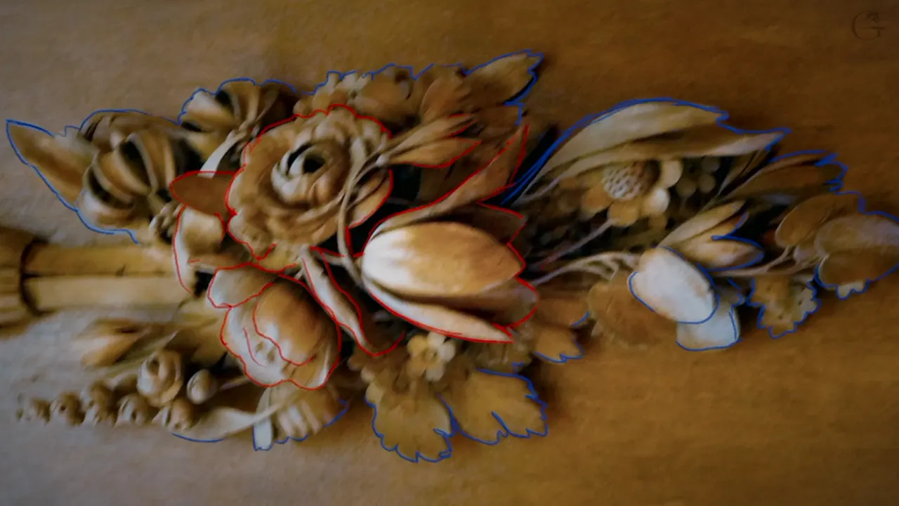 Photograph of the original Gibbons panel with every flower outlined, red for the upper layer and blue for the lower