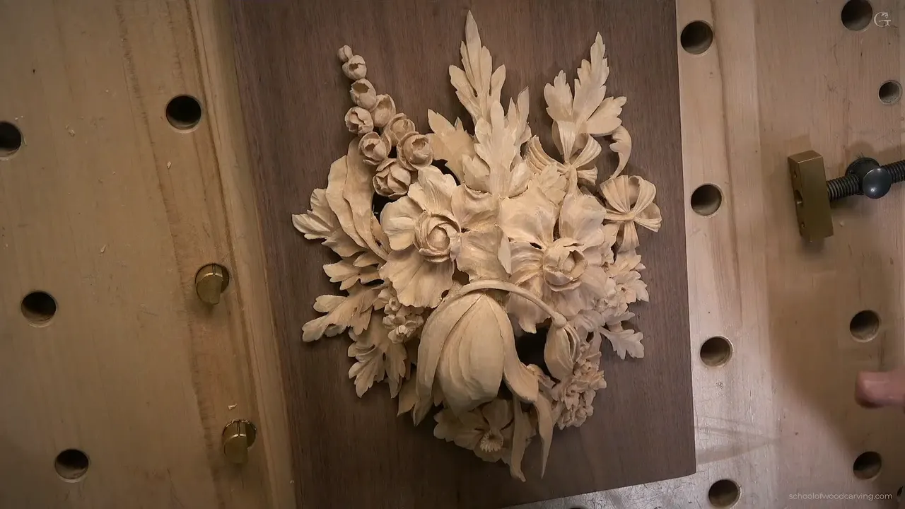 Finished Gibbons panel, clamped upright