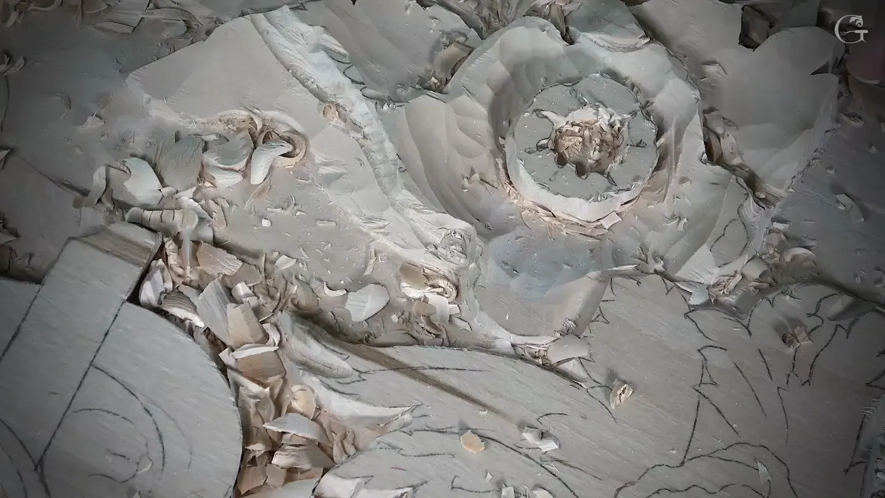 The raised round middle of the flower sits inside its dug ring, chips all around