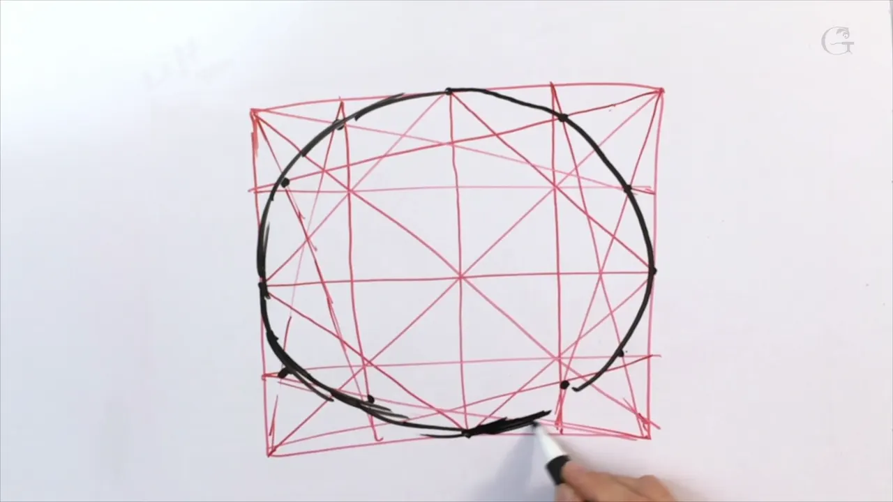 Black circle drawn over the red construction, closing on the eight points the diagonals produced