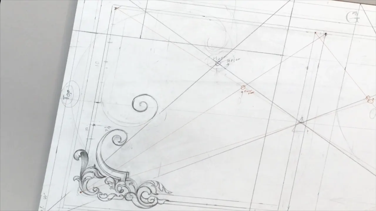 Panel carrying the corner ornament and every layout line drawn so far