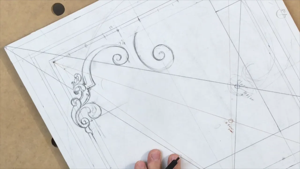 Corner of the panel with its acanthus and volutes drawn, layout lines still running underneath