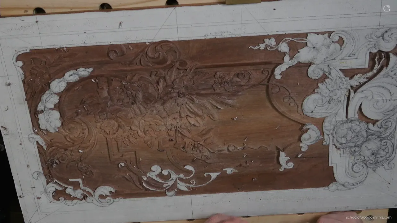 The carved panel seen from above with its scrolling acanthus and pattern paper.
