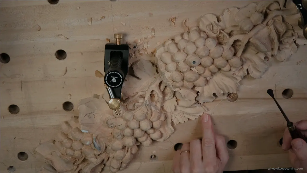 Whole panel on the bench from above, the grape bunch at the centre and the leaf being divided on the left