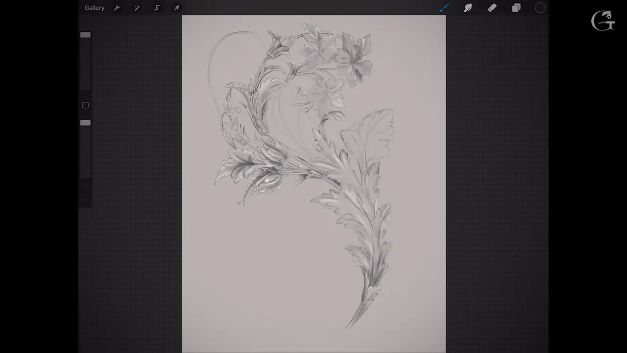 Acanthus and flower spray drawn in Procreate, grey pencil on a pale page