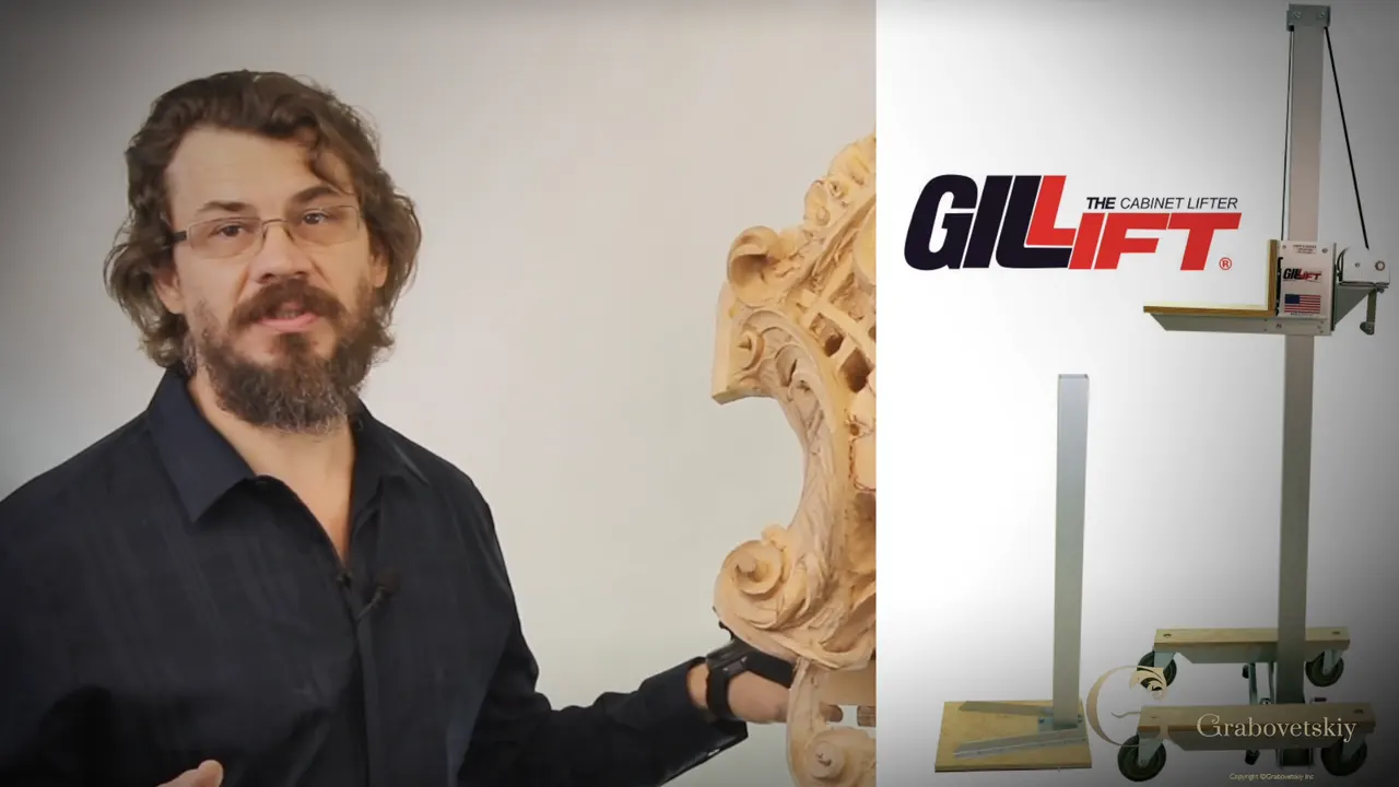 Alexander stands beside a carved cartouche while the maker's photo of the Gil-Lift cabinet lifter fills the right half