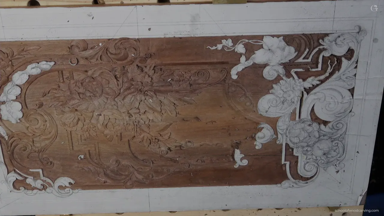 The whole walnut panel as it stood at the end of that session.