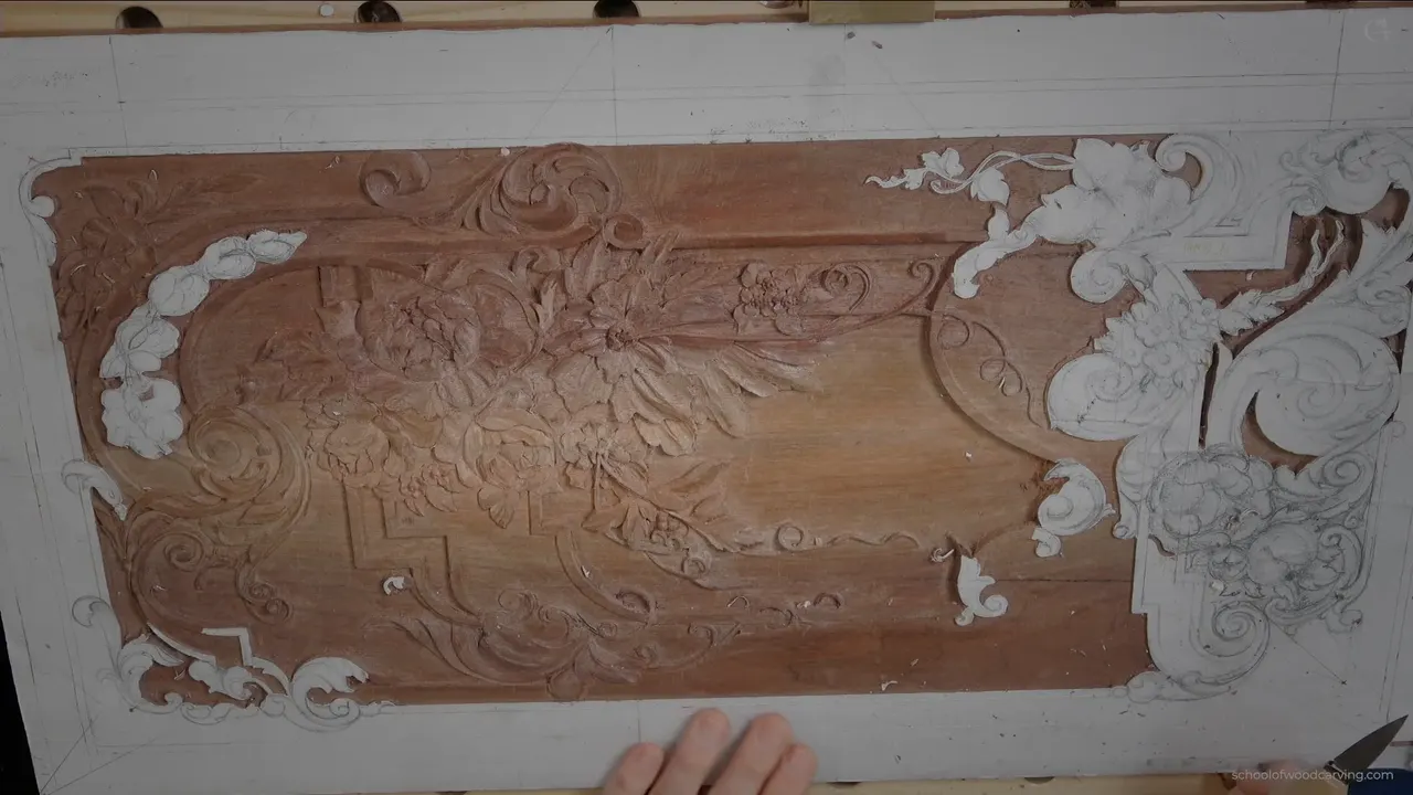 The whole walnut panel at the end of the morning, pattern still on the far corner.