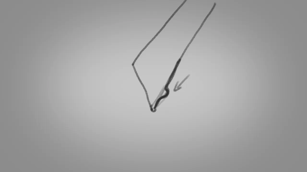 Pencil sketch of a V-tool, an arrow aimed at a wavy notch drawn near its point.