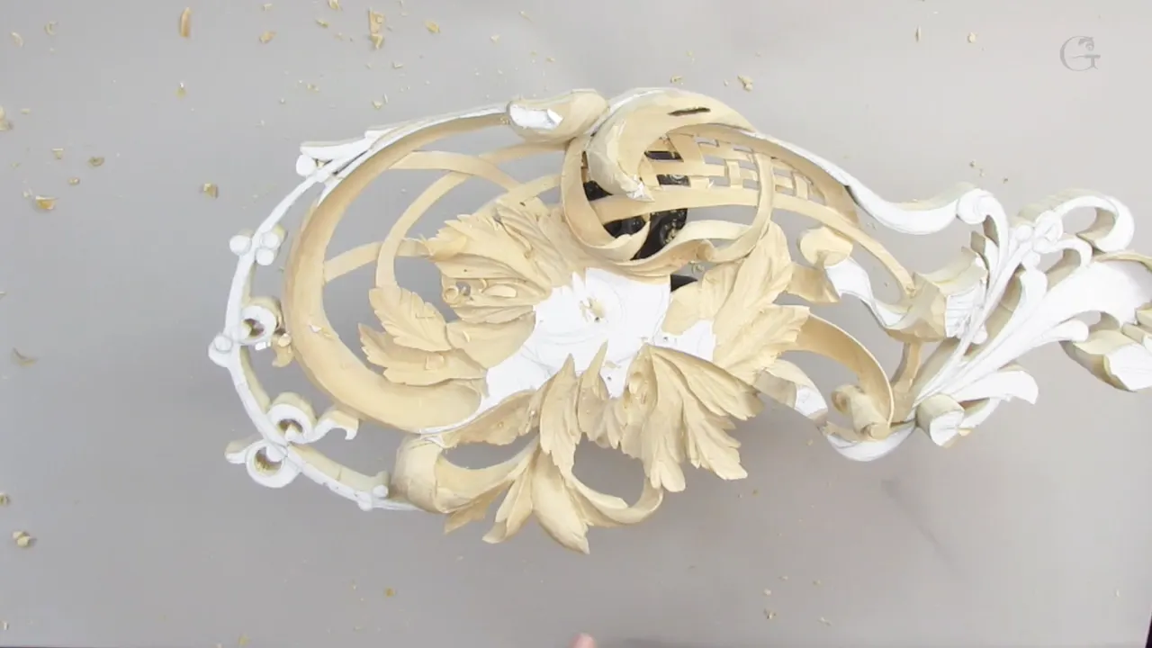 Hashemi panel at workshop 11, foliage carved and the paper pattern still showing through.
