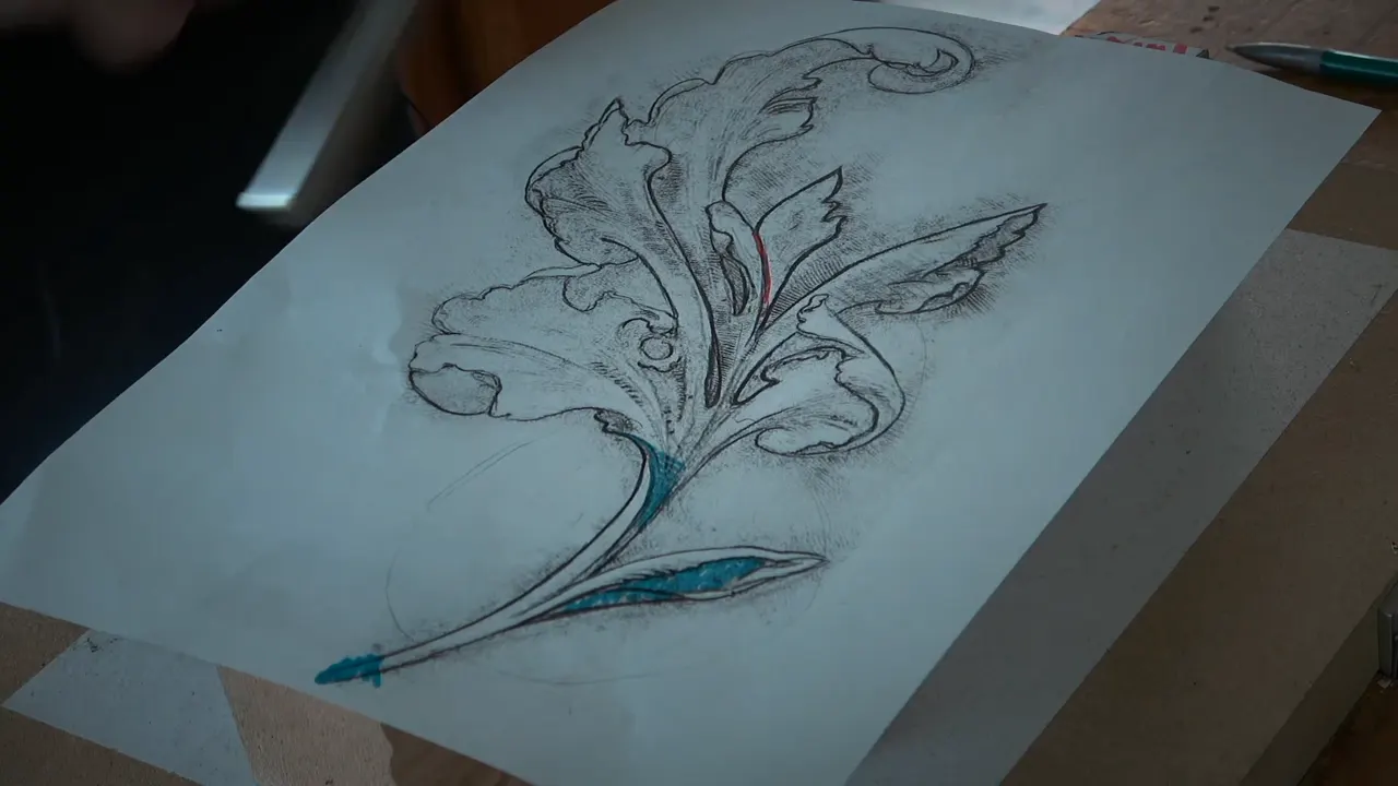 Shaded acanthus drawing on a sheet of paper, its stem traced in blue