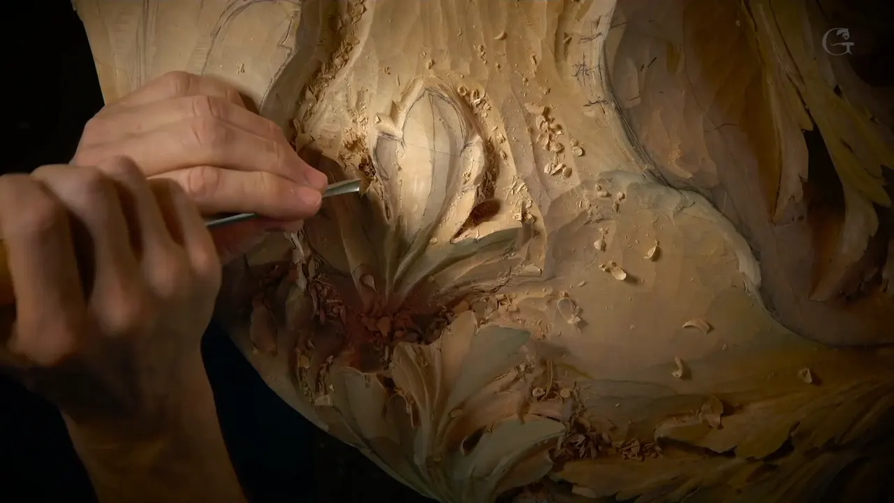 Two hands steady a fine tool at the heart of a carved flower ringed by acanthus leaves, chips everywhere