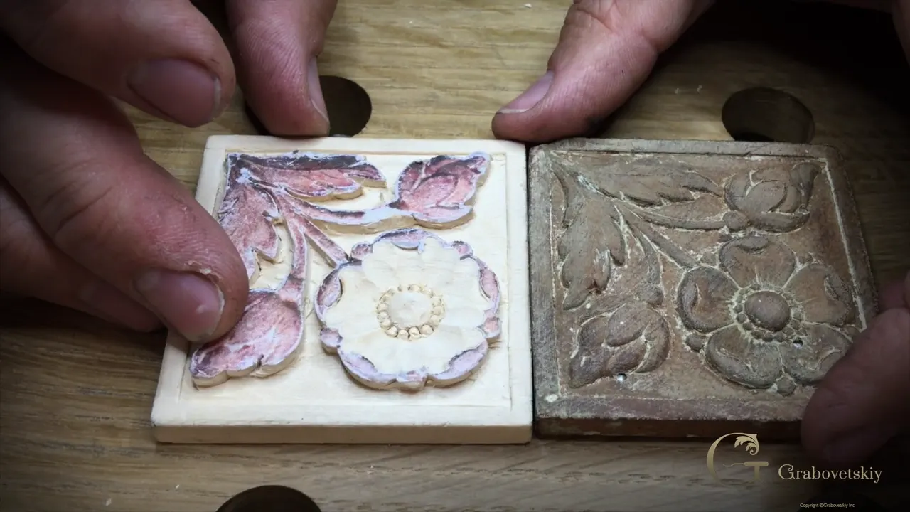Carved copy and dark original side by side, each center ringed with small beads