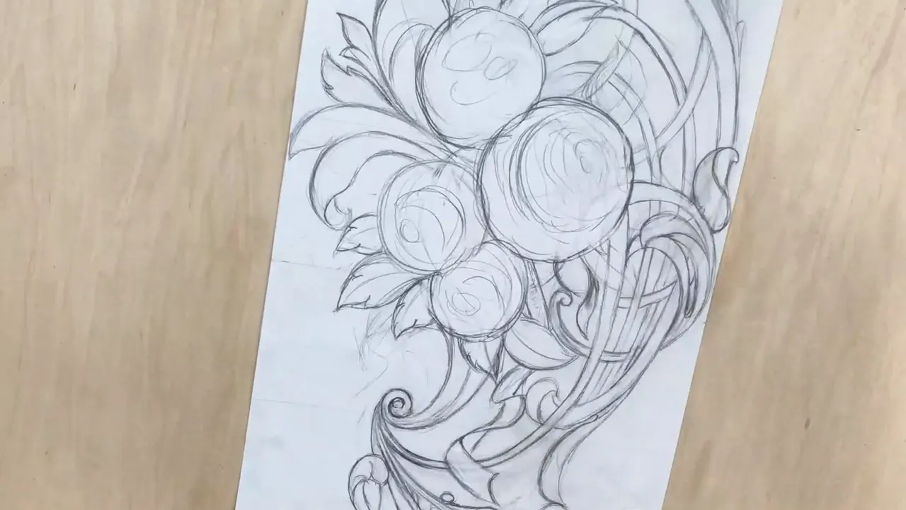Finished pencil drawing on paper, four round flowers set in leaves, with scrolls and a basket lattice at the lower right