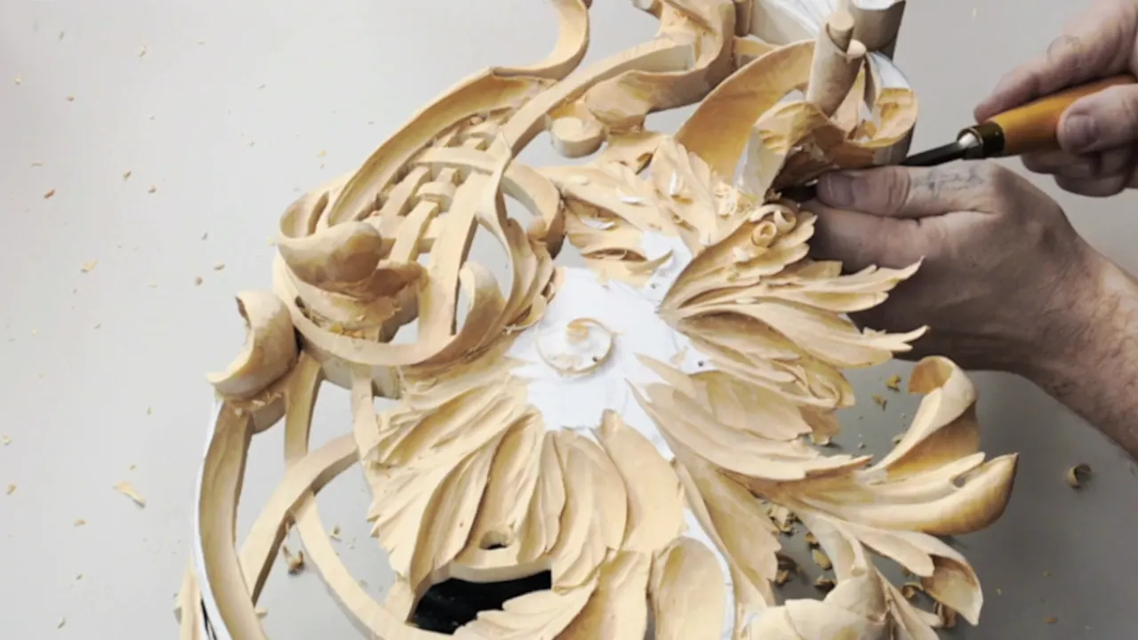 Two hands guide a gouge into the leaves of a pierced carving