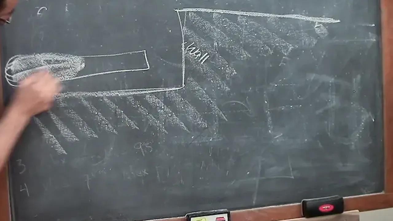 Chalk side view of a V tool beside a straight wall, the background hatched below it